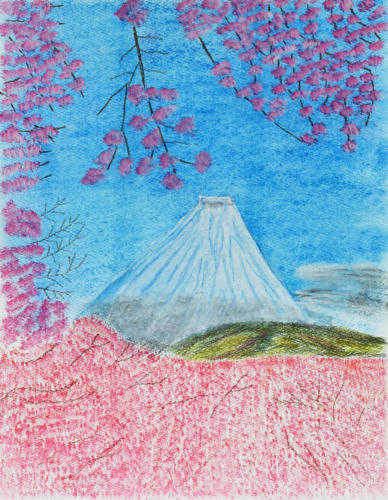 桜の花の間より富士山を見る