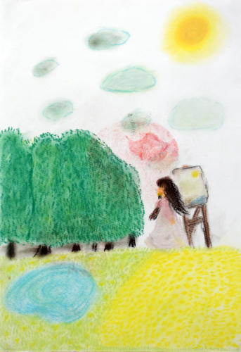 菜の花畑に佇む少女